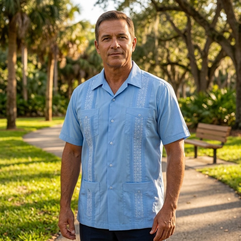 The Genuine Haband Guayabera Men's Shirt, Short Sleeves, Button Down, Blue, XL